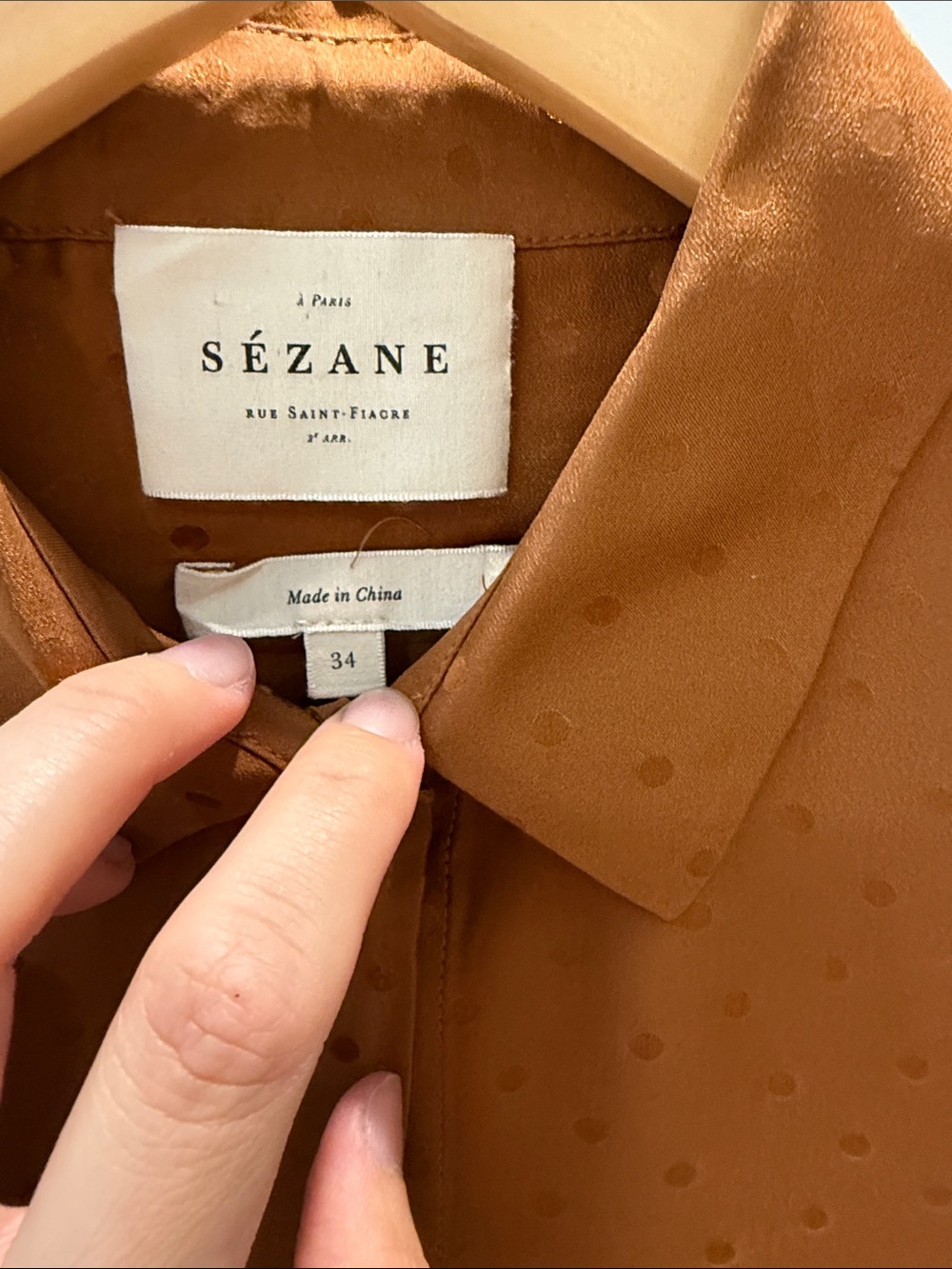 Sezane Copper Brown Dot-Texture Satin Dress Shirt - Picture 2 of 6